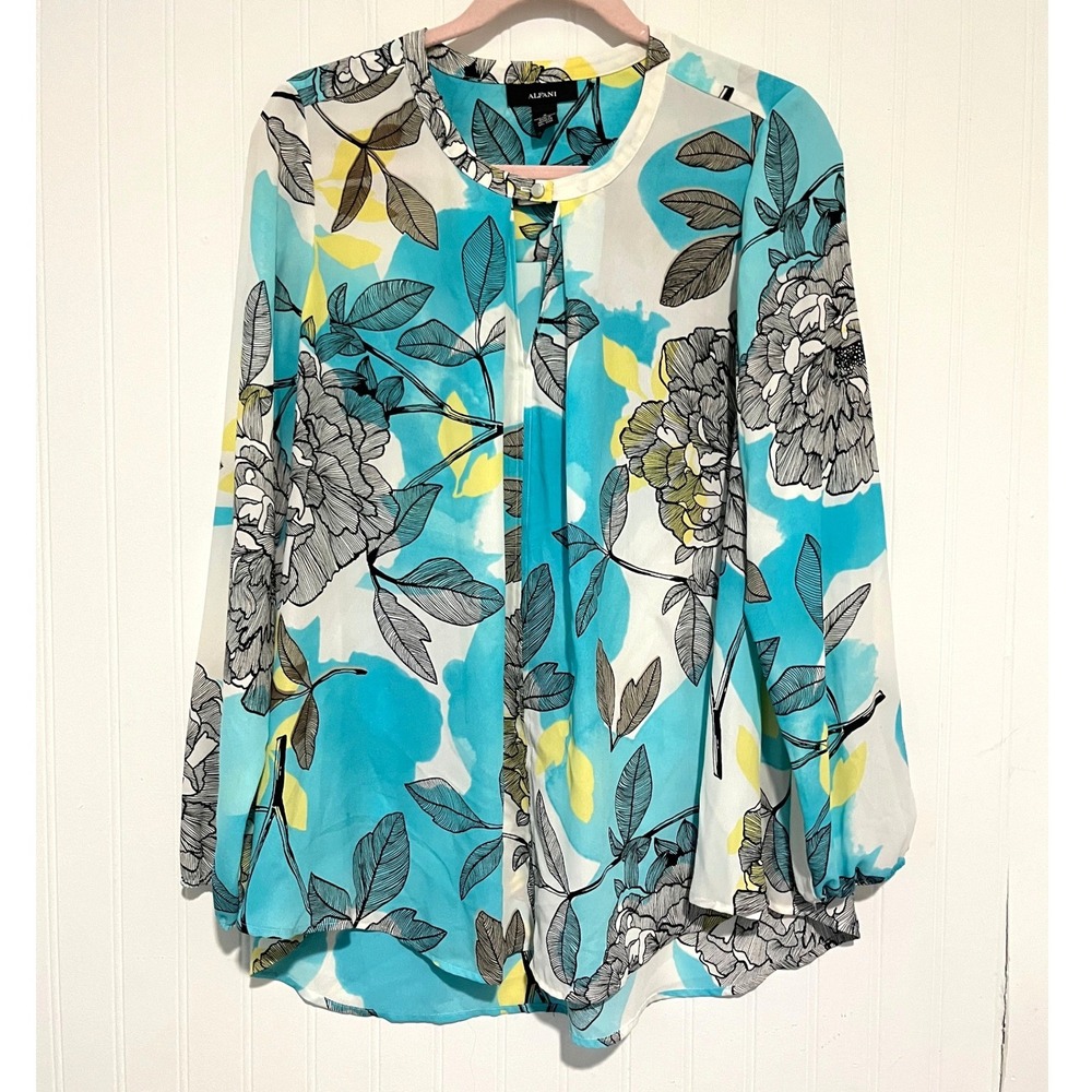 Alfani Blouse Womens 4 Blue Floral Long Sleeve Keyhole Neck Top Office wear